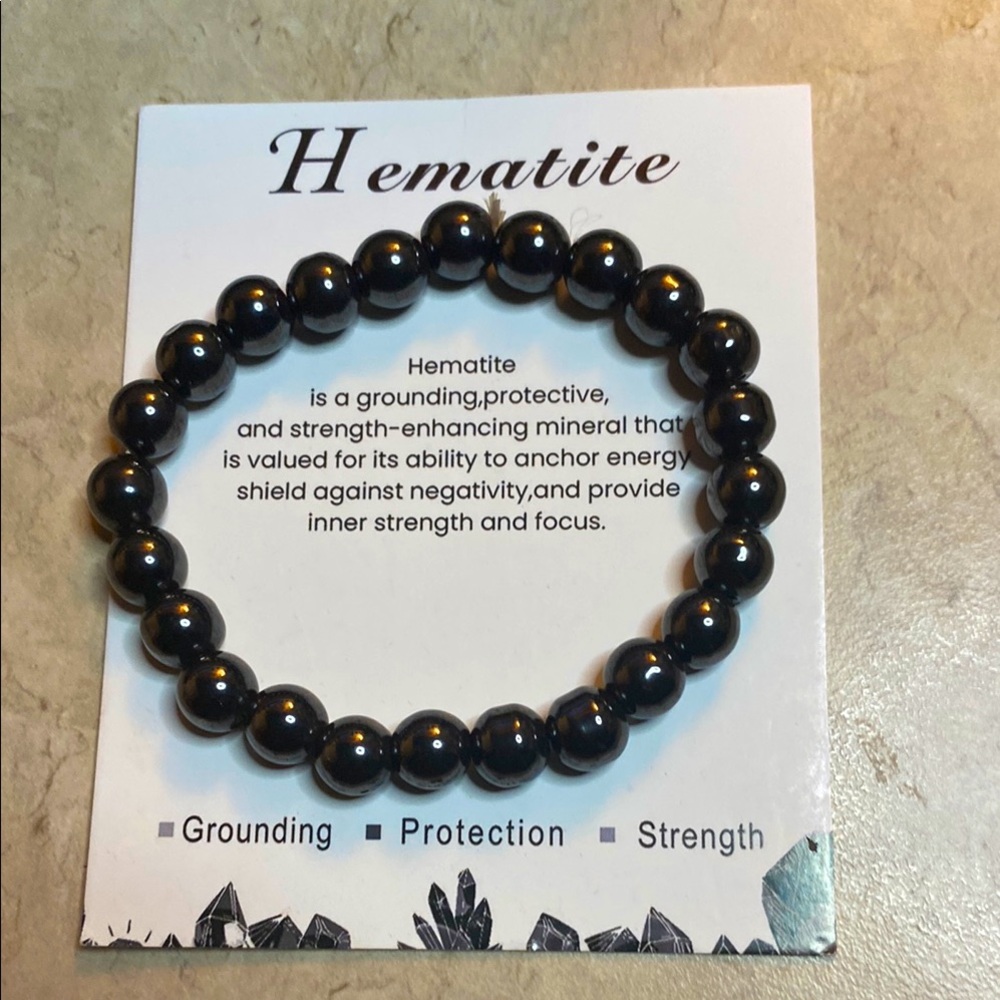 Bracelet-Natural Stone Hematite Beaded stretchy Bracelet with card. Unisex 3/51